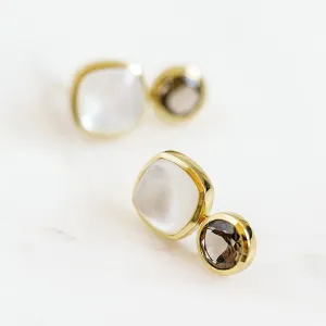 Color Block Stud Earrings in Mother of Pearl and Faceted Smoky Quartz