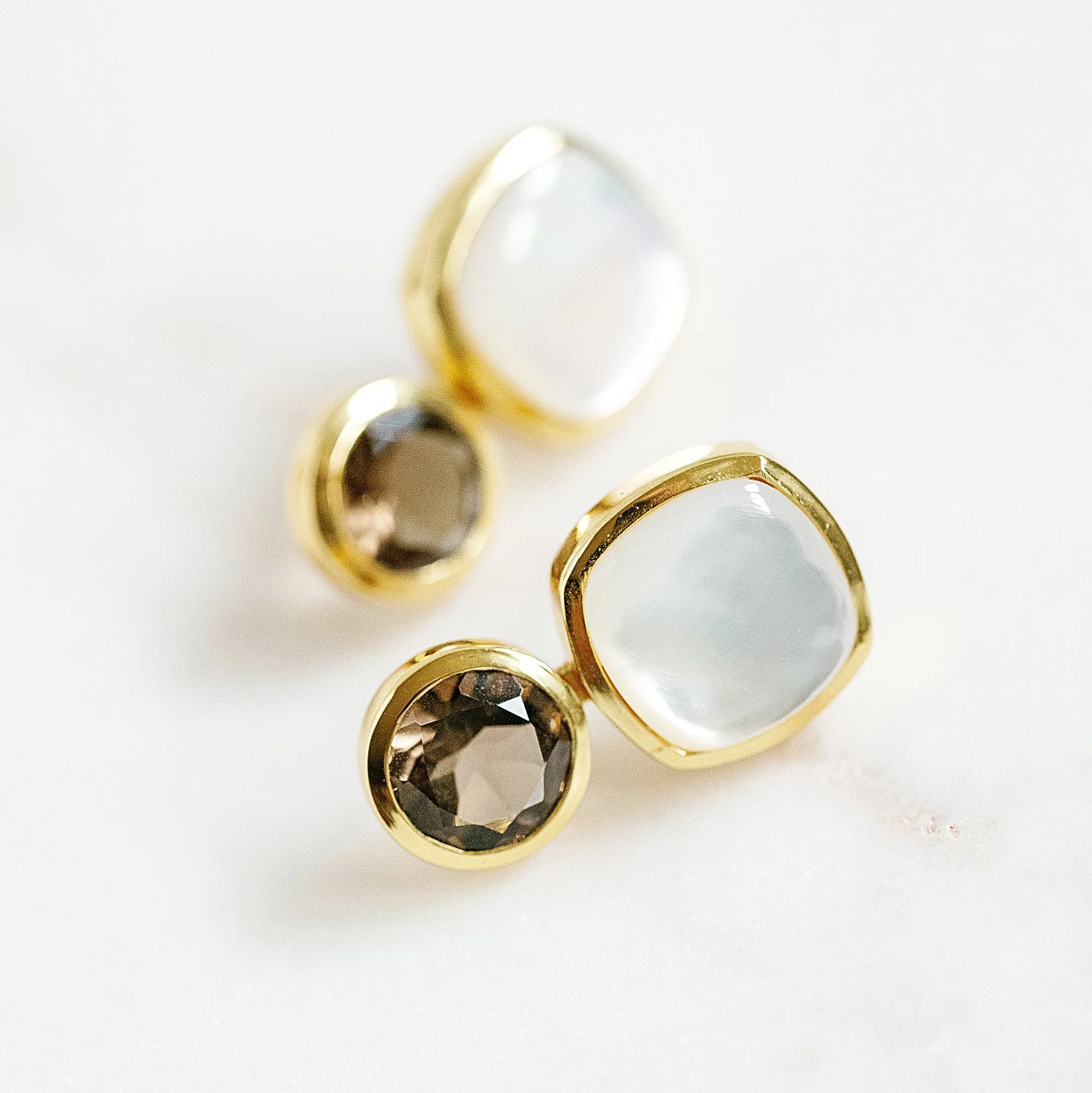 Color Block Stud Earrings in Mother of Pearl and Faceted Smoky Quartz