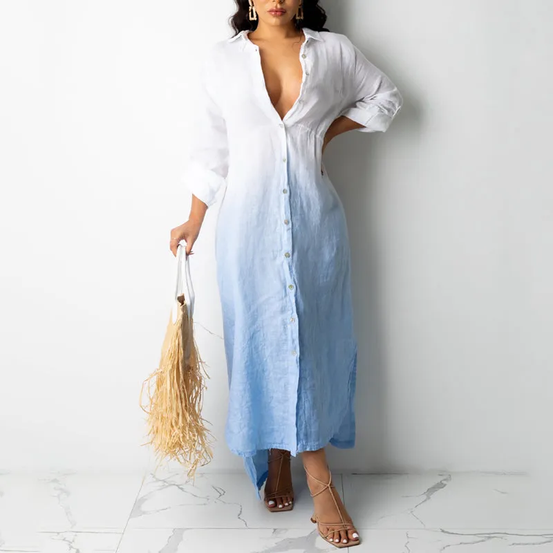 Colorblock Long Sleeve Button Detailed Shirt Dress