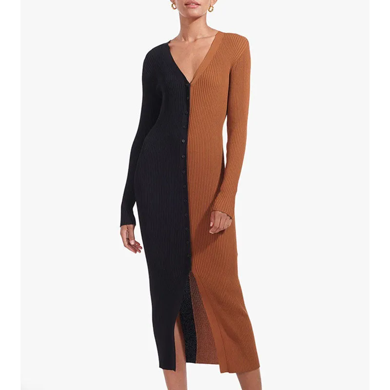 Colorblock V Neck Long Sleeve Button Detailed Slit Midi Dress