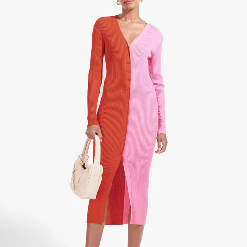 Colorblock V Neck Long Sleeve Button Detailed Slit Midi Dress