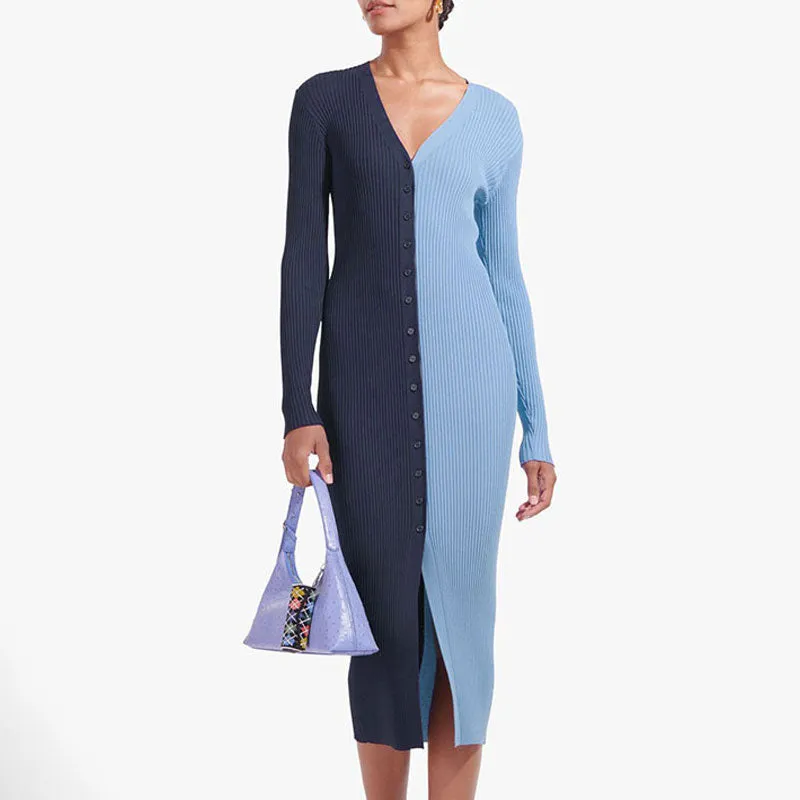Colorblock V Neck Long Sleeve Button Detailed Slit Midi Dress