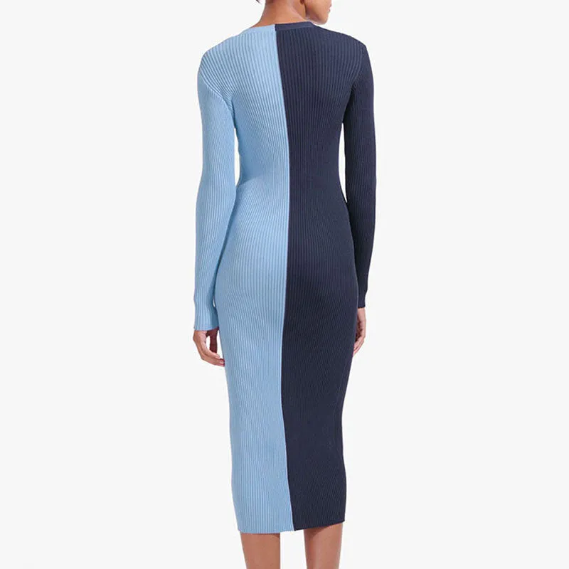 Colorblock V Neck Long Sleeve Button Detailed Slit Midi Dress