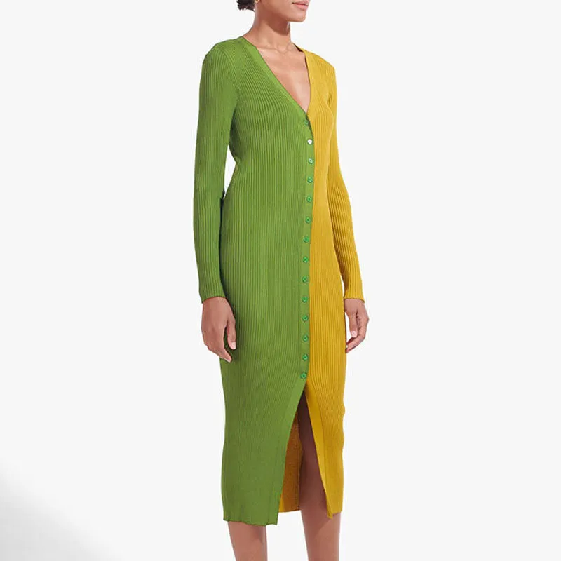 Colorblock V Neck Long Sleeve Button Detailed Slit Midi Dress