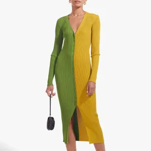 Colorblock V Neck Long Sleeve Button Detailed Slit Midi Dress