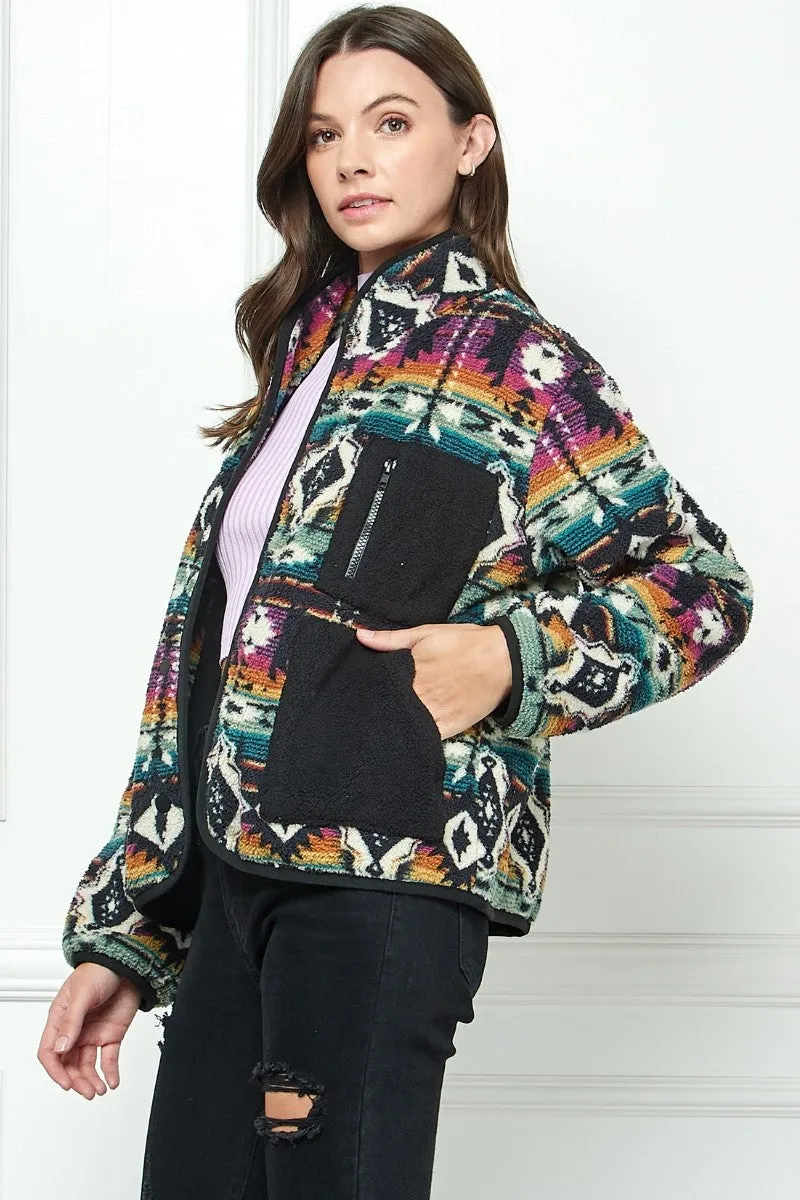 Contrast Pocket Printed Fleece Jacket