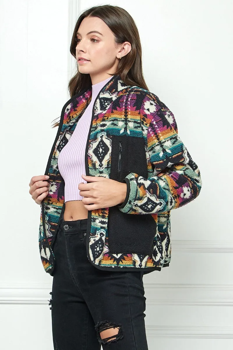 Contrast Pocket Printed Fleece Jacket