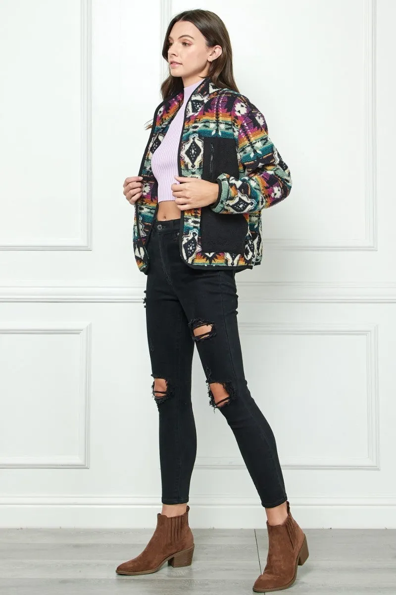 Contrast Pocket Printed Fleece Jacket