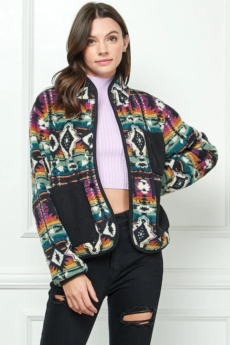 Contrast Pocket Printed Fleece Jacket