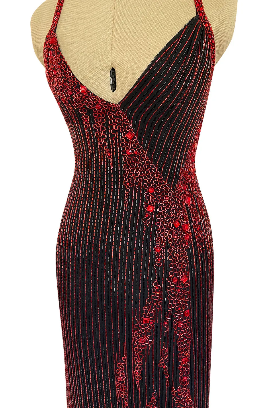 Cosmo Cover Documented Fall 1983 Bob Mackie Couture Red Glass Beaded & Silk Chiffon Halter Back Dress