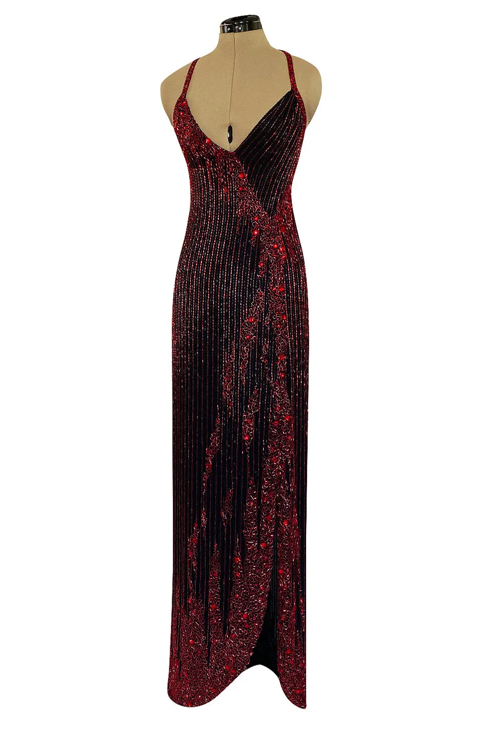Cosmo Cover Documented Fall 1983 Bob Mackie Couture Red Glass Beaded & Silk Chiffon Halter Back Dress