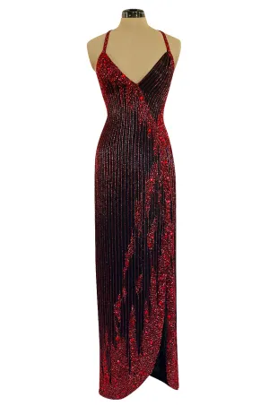 Cosmo Cover Documented Fall 1983 Bob Mackie Couture Red Glass Beaded & Silk Chiffon Halter Back Dress