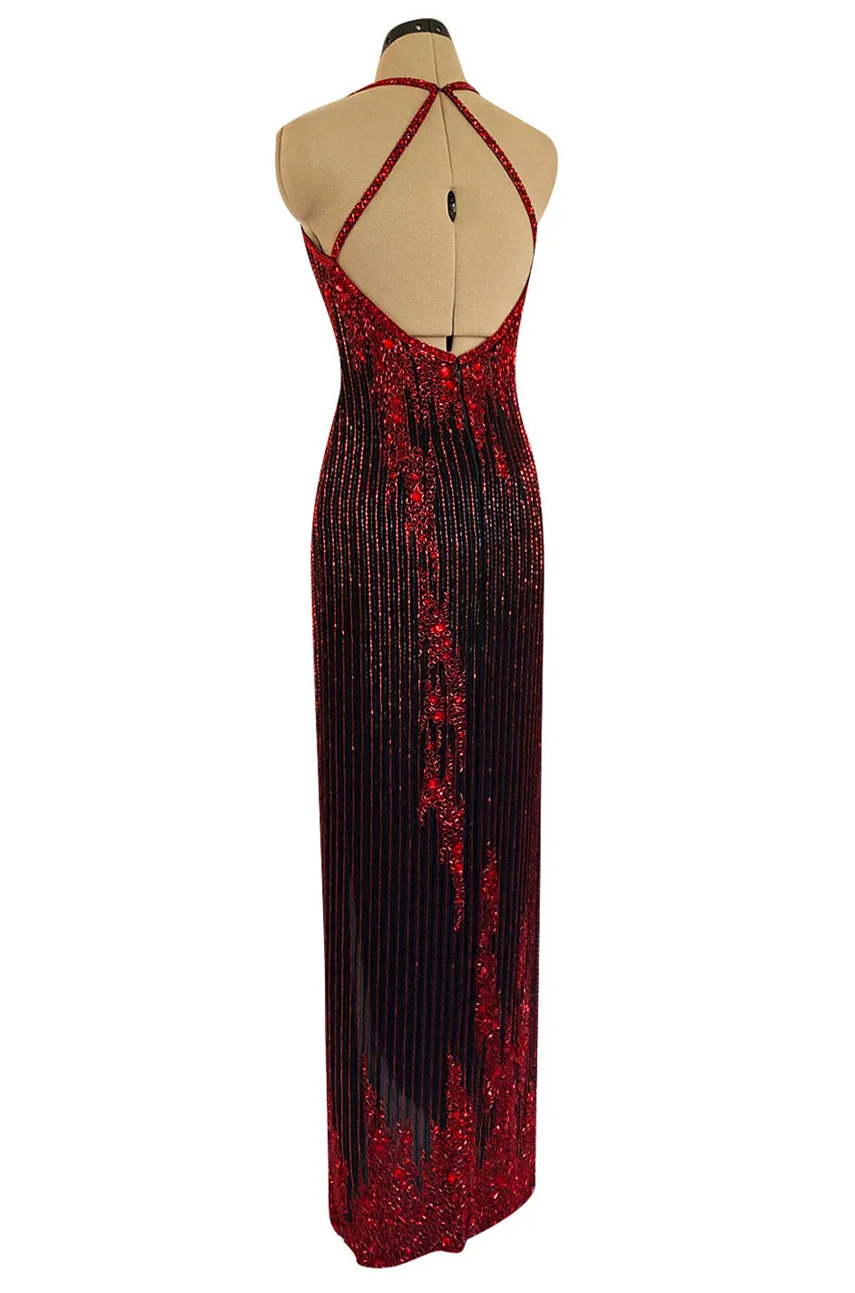 Cosmo Cover Documented Fall 1983 Bob Mackie Couture Red Glass Beaded & Silk Chiffon Halter Back Dress