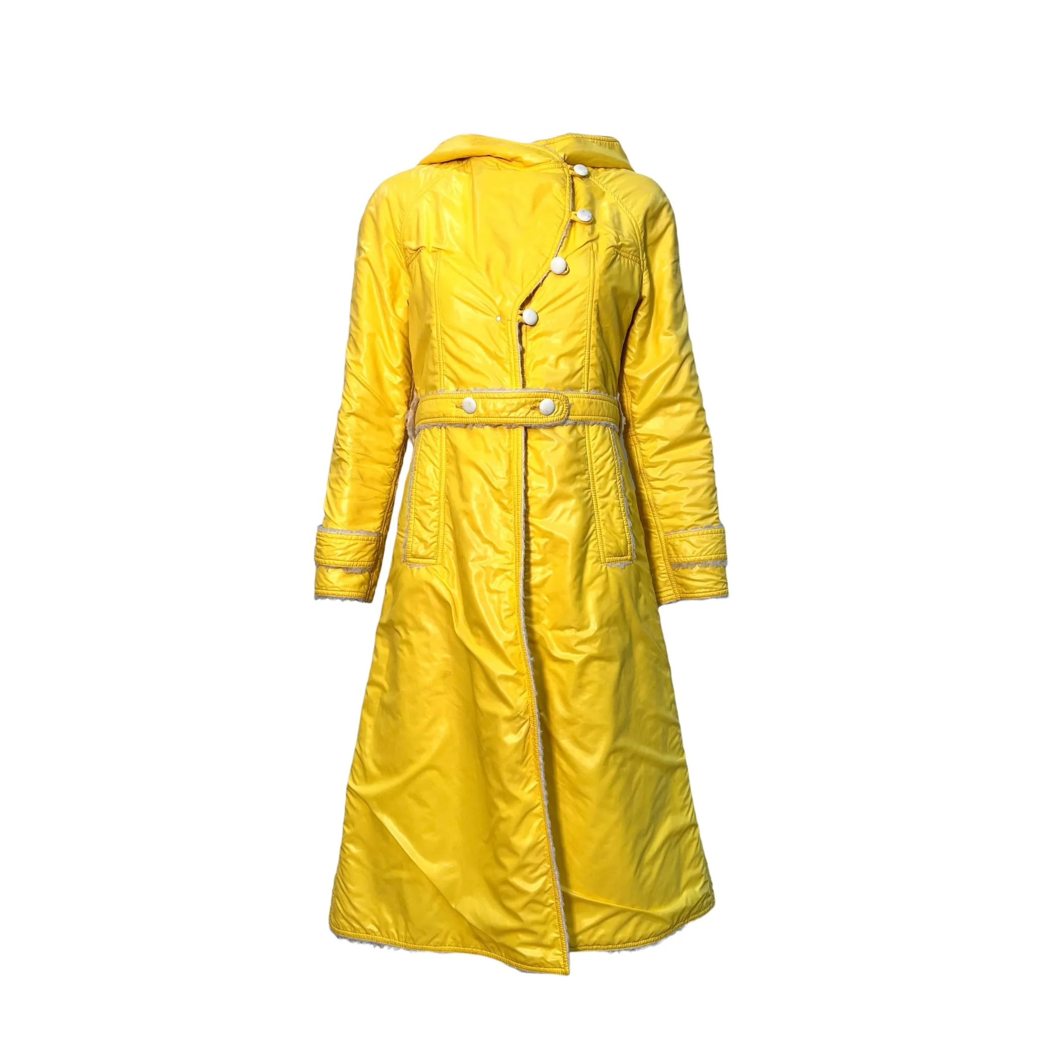 Courreges Hyperbole Early 1970's Yellow Nylon Sherpa Lined Raincoat Dress