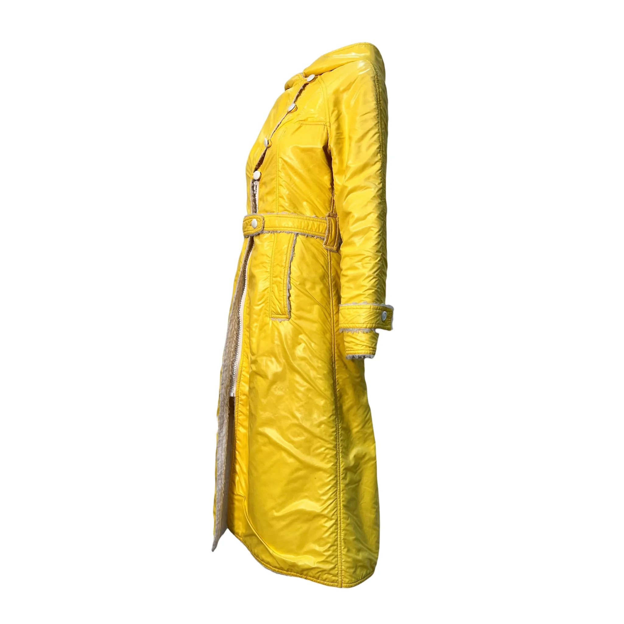 Courreges Hyperbole Early 1970's Yellow Nylon Sherpa Lined Raincoat Dress