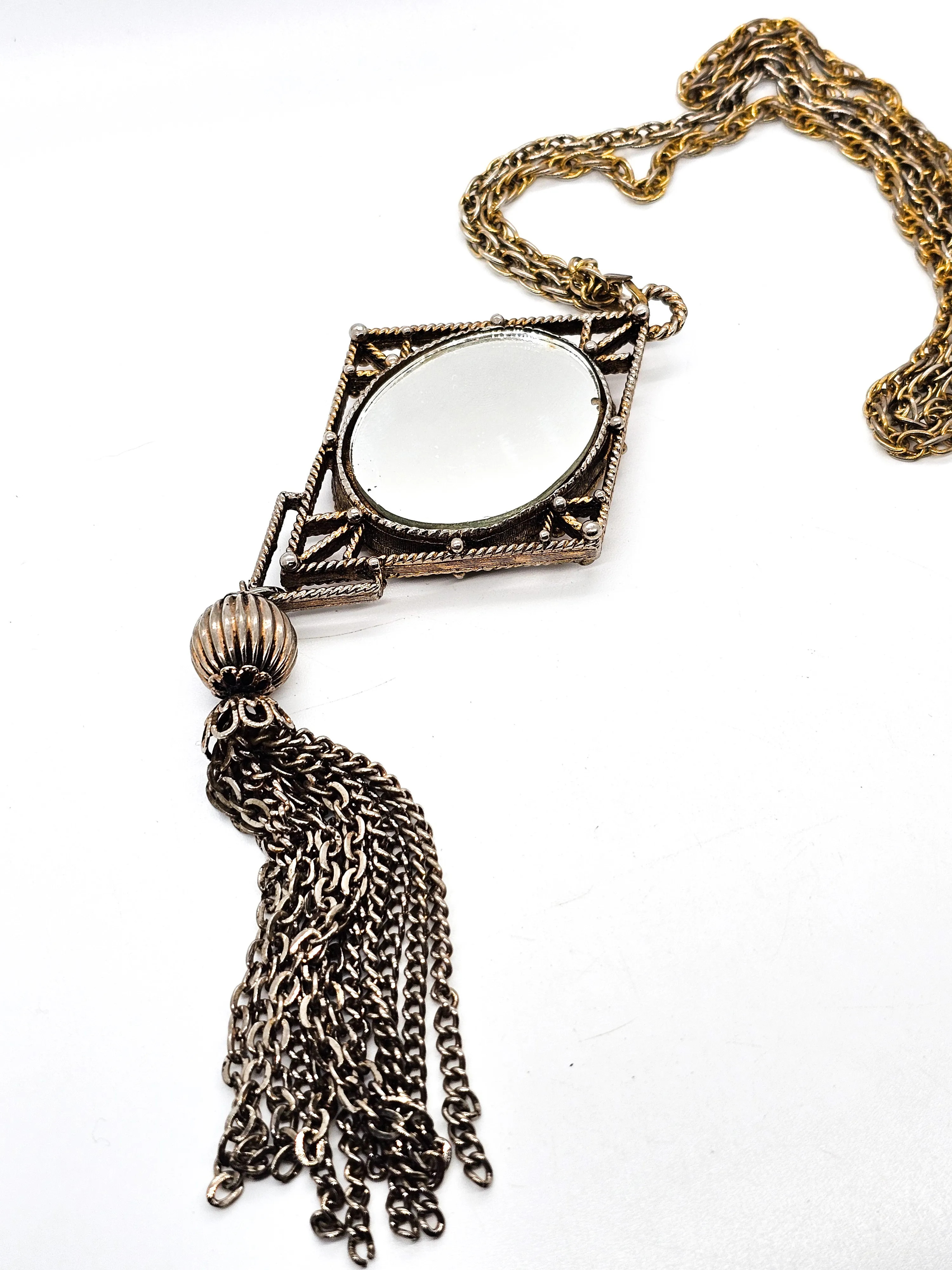 Courting Couple cameo tassel vintage pendant necklace with mirror on long chain