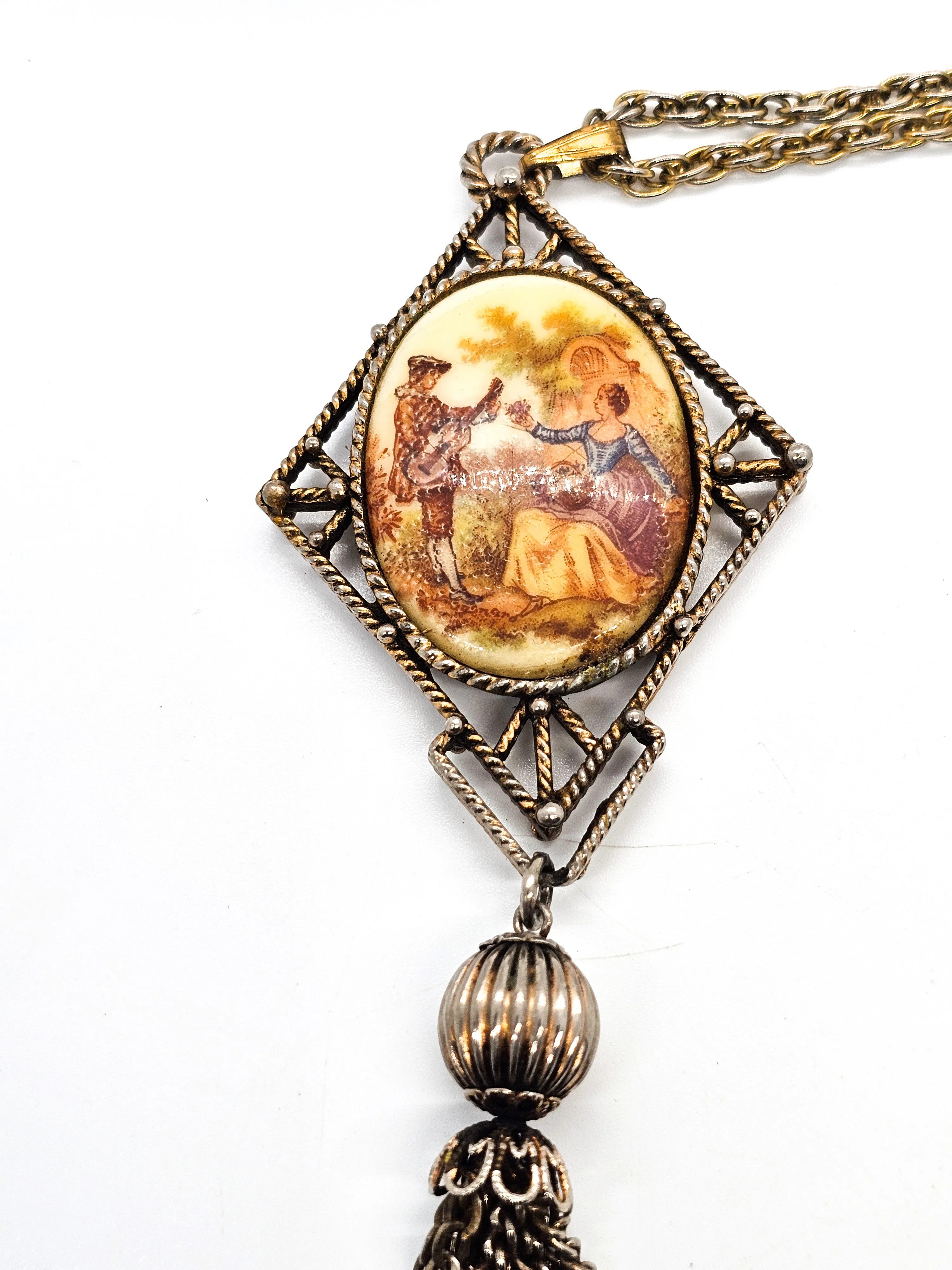 Courting Couple cameo tassel vintage pendant necklace with mirror on long chain