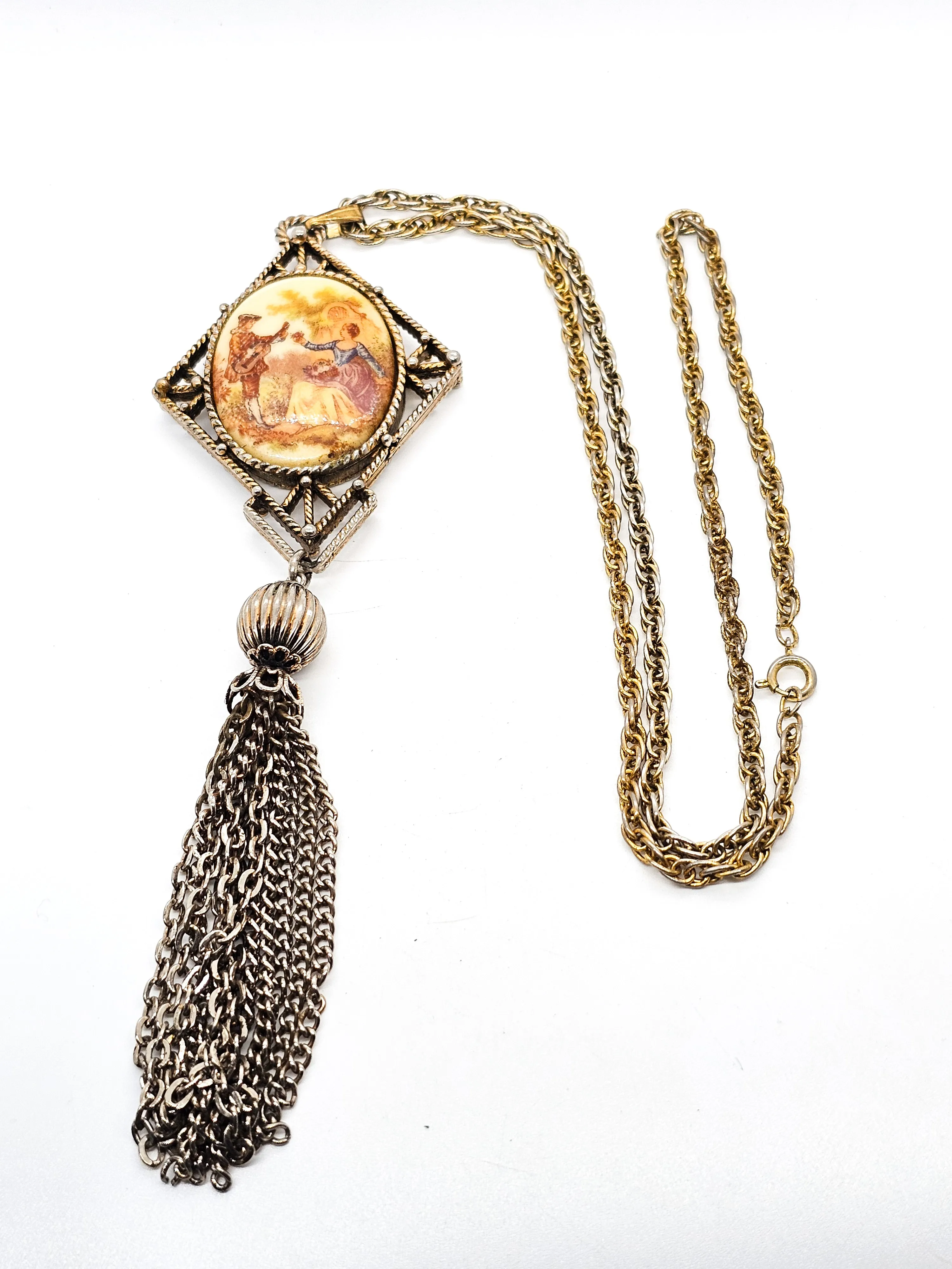 Courting Couple cameo tassel vintage pendant necklace with mirror on long chain