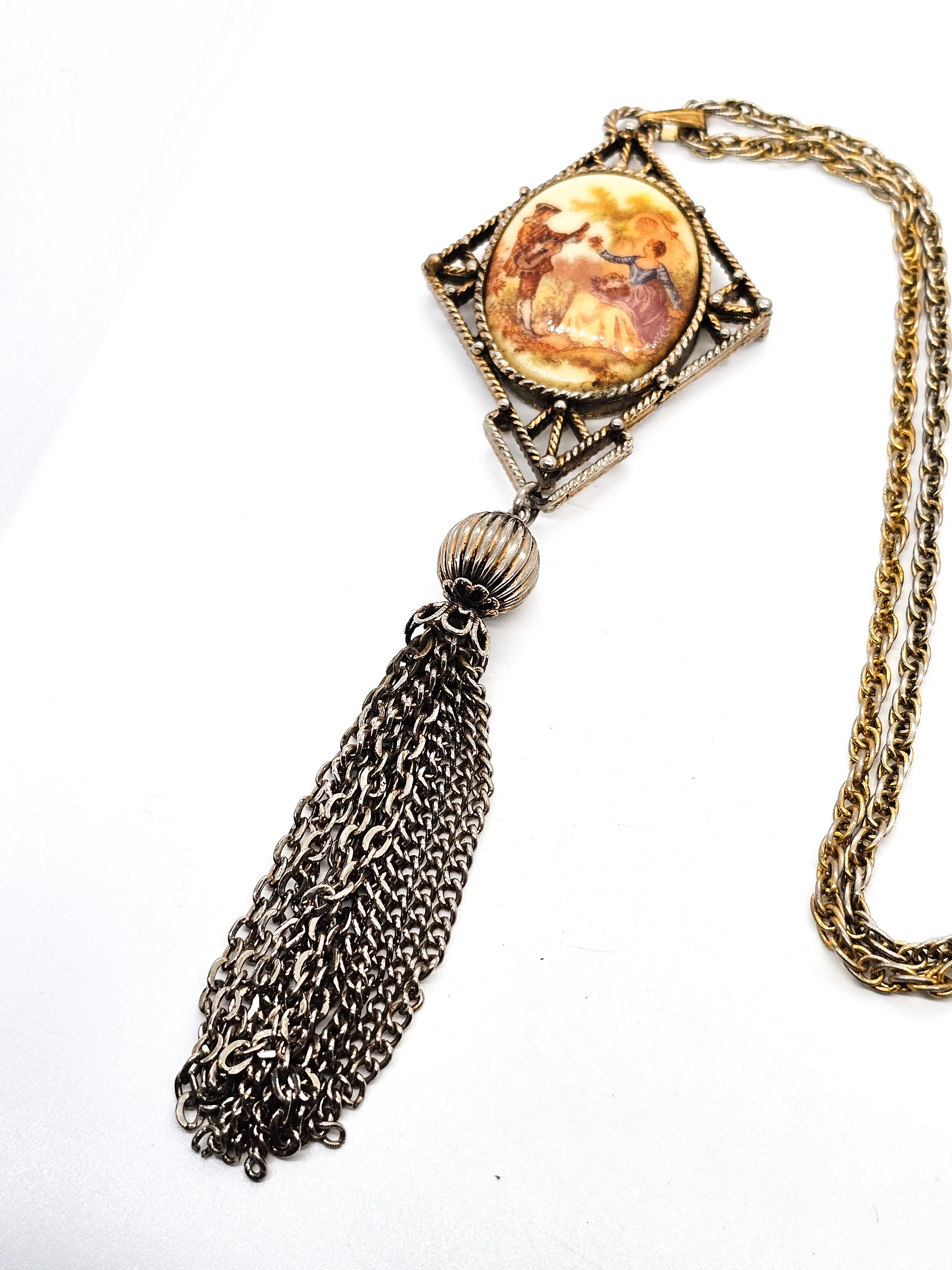 Courting Couple cameo tassel vintage pendant necklace with mirror on long chain