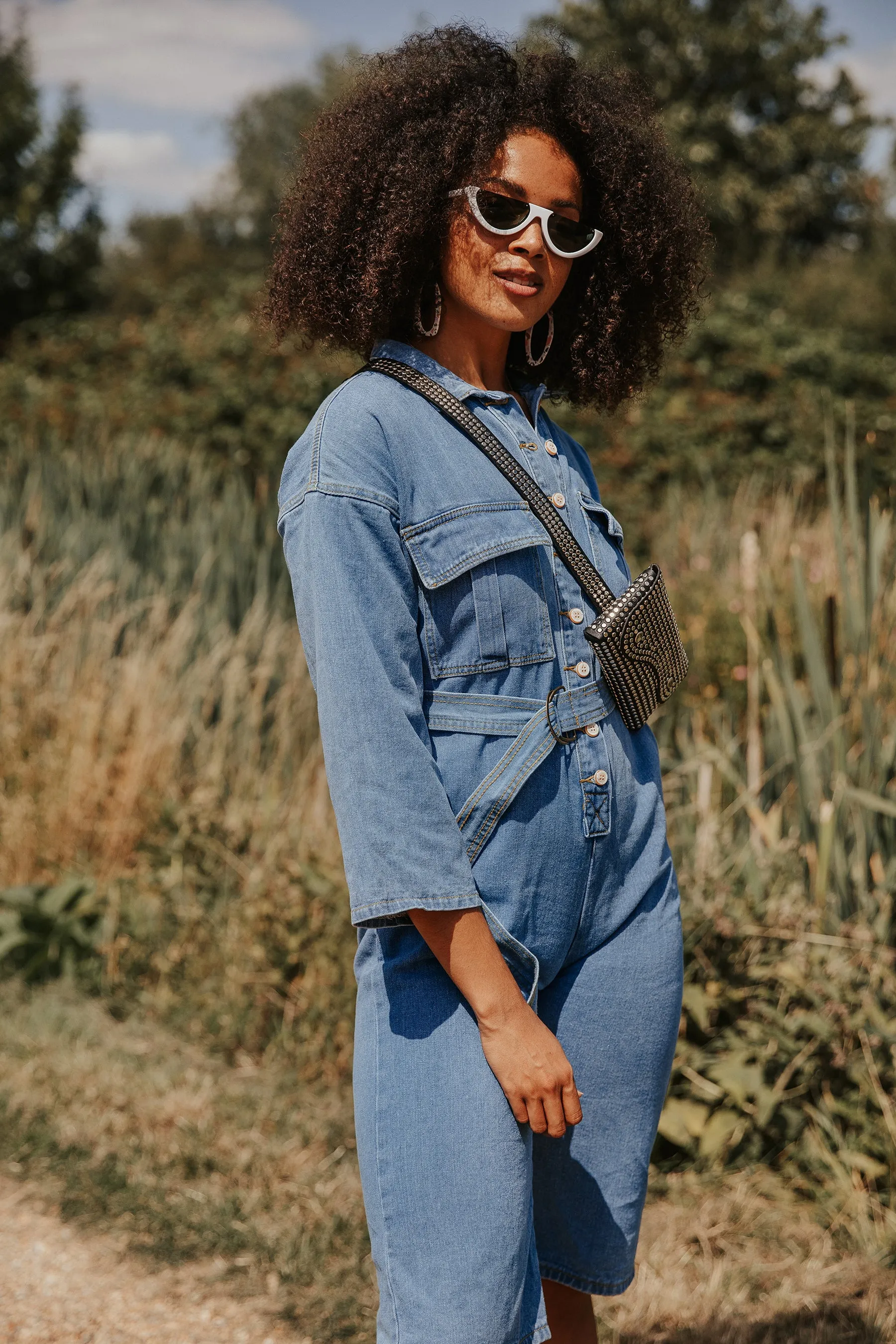 Cropped Denim Jumpsuit with Button Front and Belt