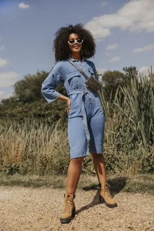 Cropped Denim Jumpsuit with Button Front and Belt