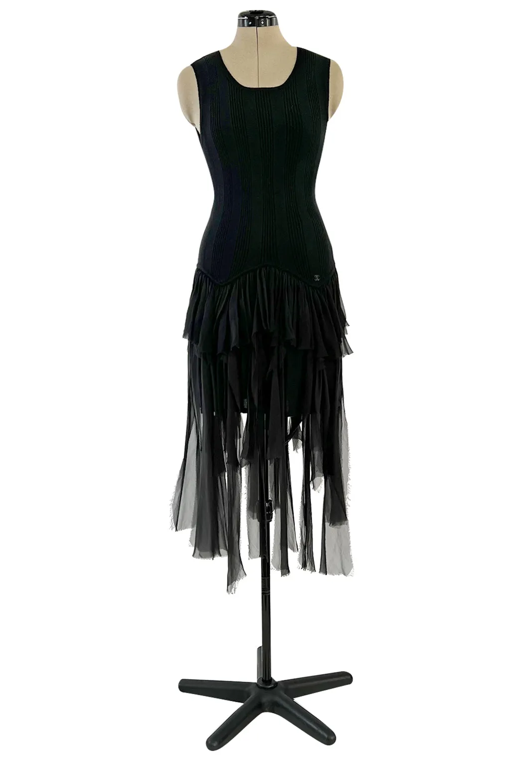 Cruise 2002 Chanel by Karl Lagerfel Cashmere Knit Dress w Silk Chiffon Ribbon Skirt