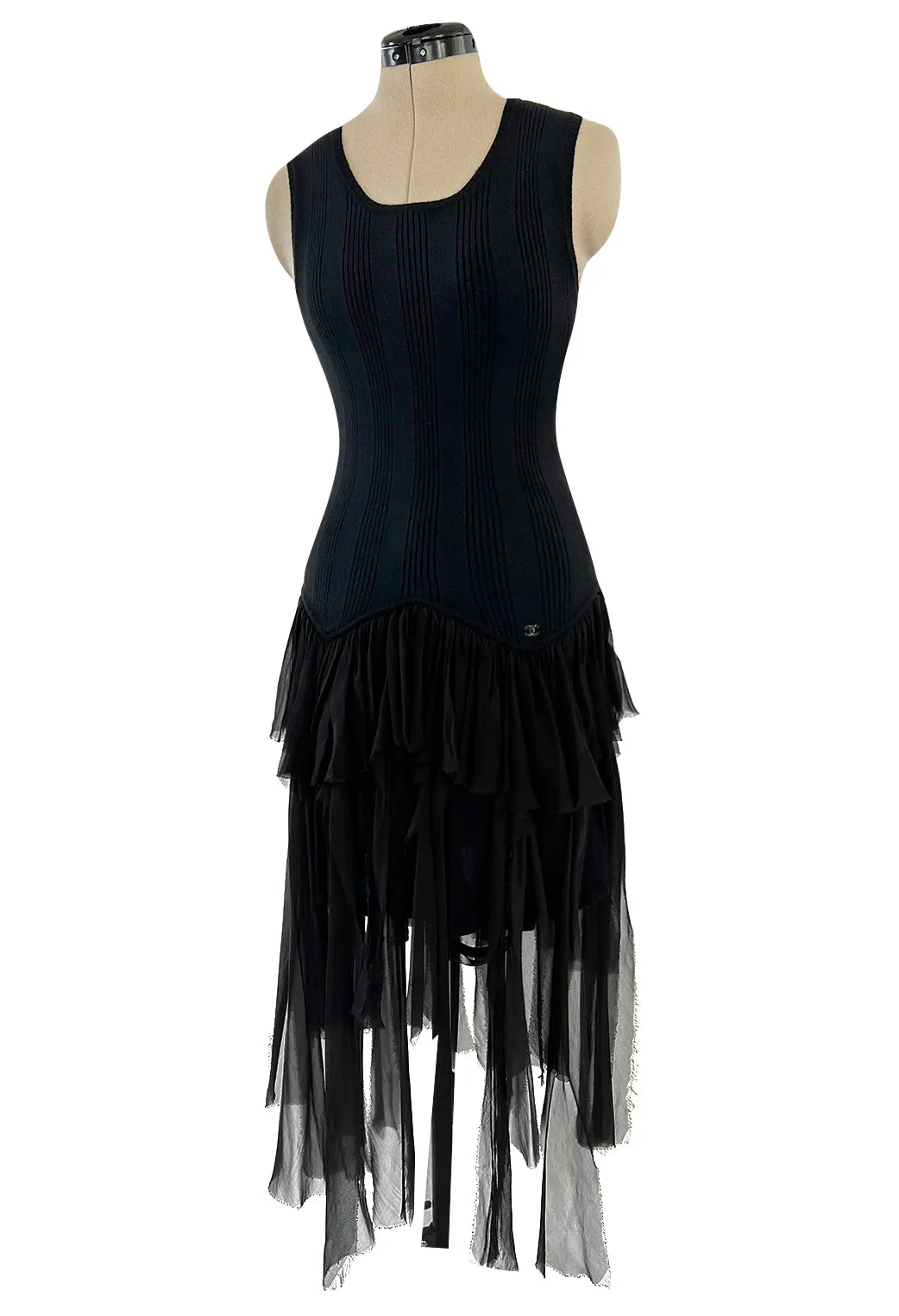Cruise 2002 Chanel by Karl Lagerfel Cashmere Knit Dress w Silk Chiffon Ribbon Skirt