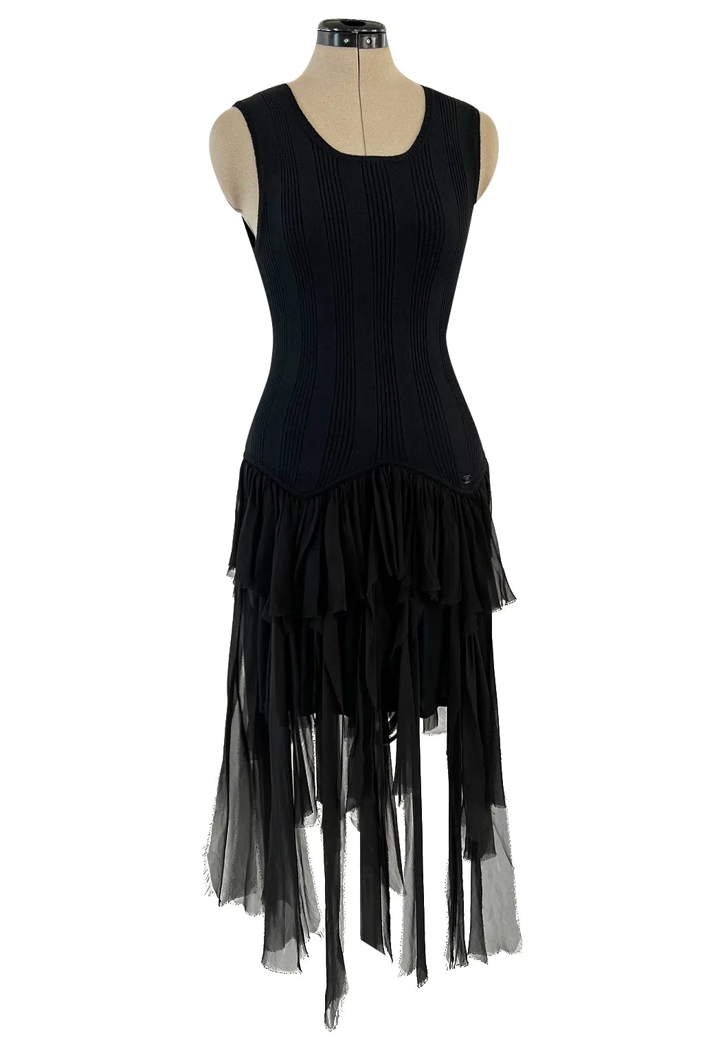 Cruise 2002 Chanel by Karl Lagerfel Cashmere Knit Dress w Silk Chiffon Ribbon Skirt