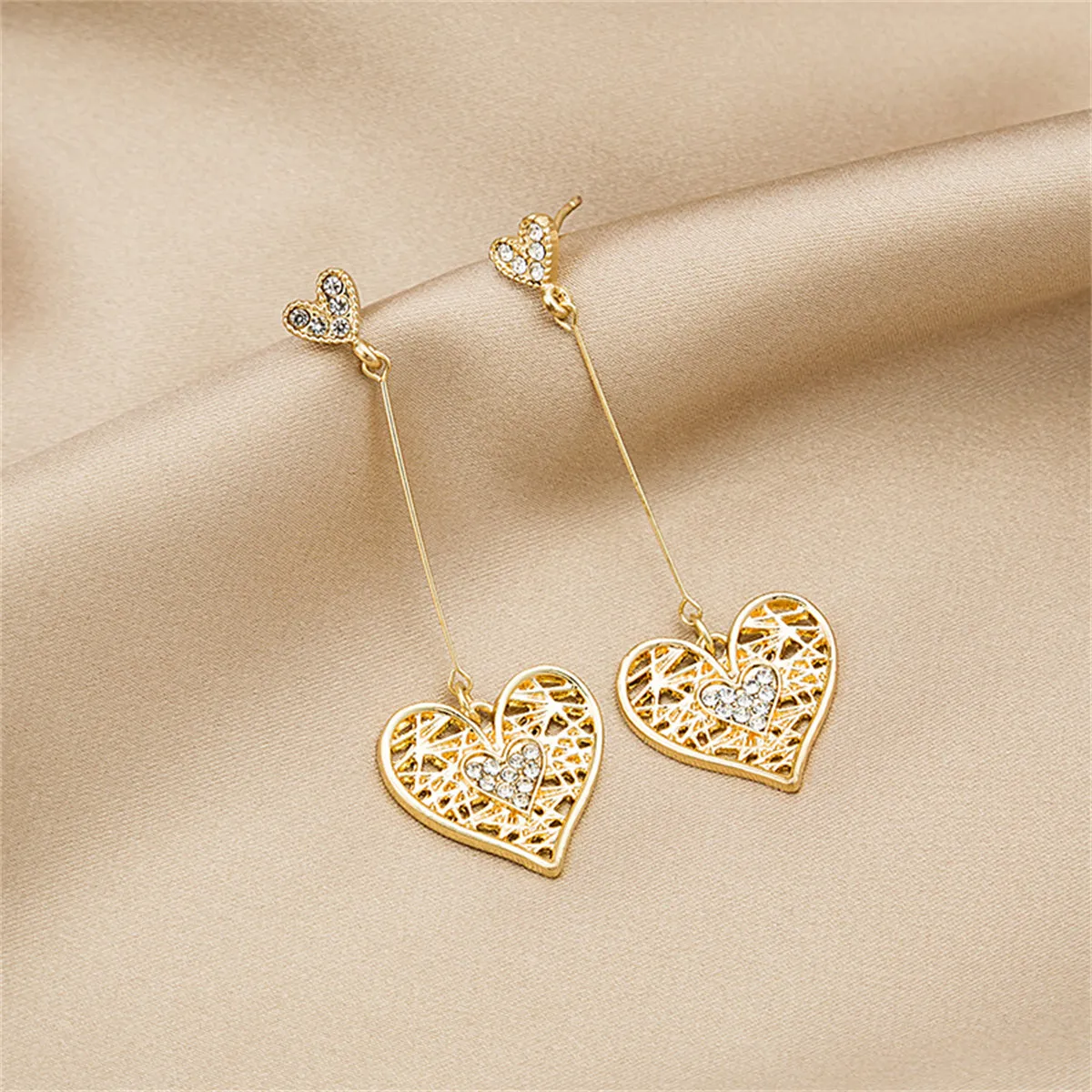 Cubic Zirconia & 18K Gold-Plated Openwork Heart Drop Earrings