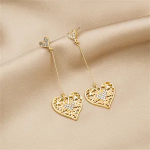 Cubic Zirconia & 18K Gold-Plated Openwork Heart Drop Earrings