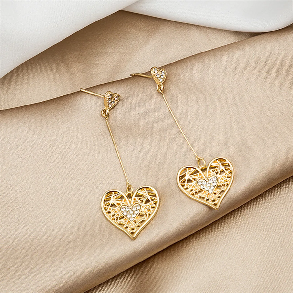 Cubic Zirconia & 18K Gold-Plated Openwork Heart Drop Earrings