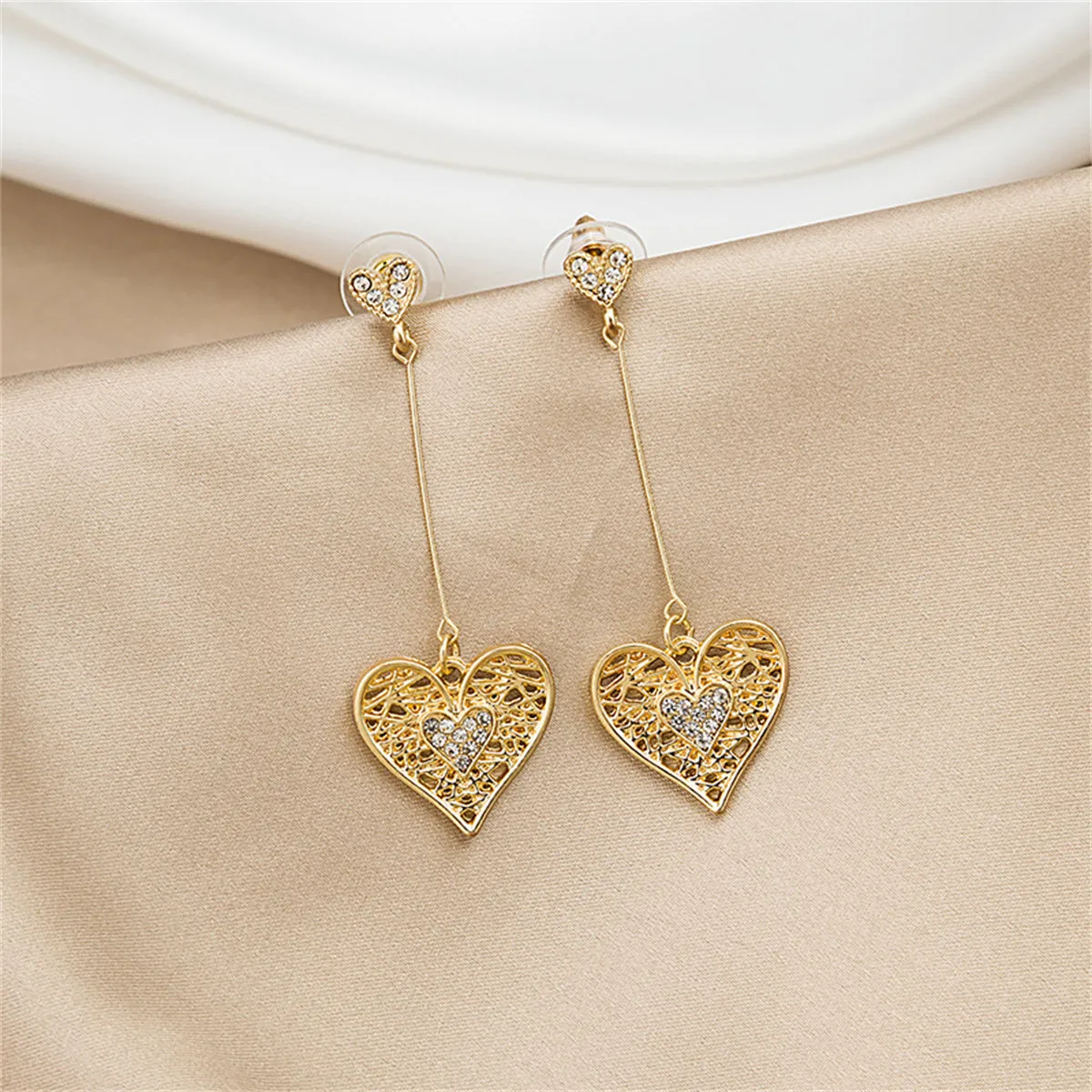 Cubic Zirconia & 18K Gold-Plated Openwork Heart Drop Earrings