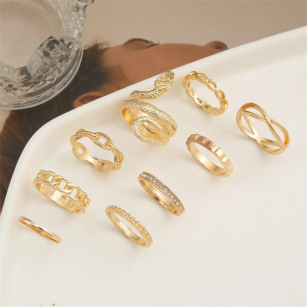 Cubic Zirconia & 18K Gold-Plated Snake Chain Ring Set