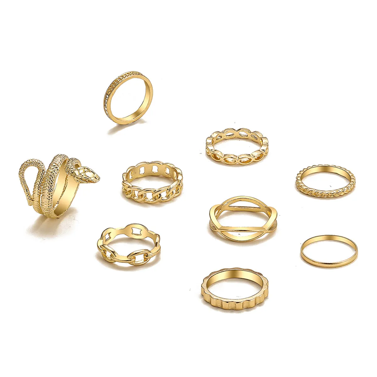 Cubic Zirconia & 18K Gold-Plated Snake Chain Ring Set