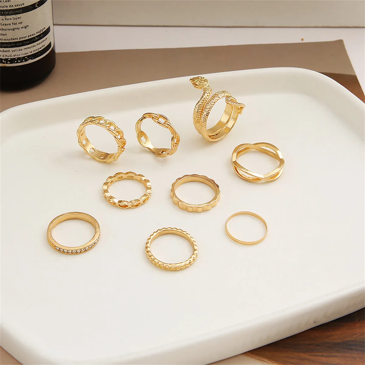 Cubic Zirconia & 18K Gold-Plated Snake Chain Ring Set