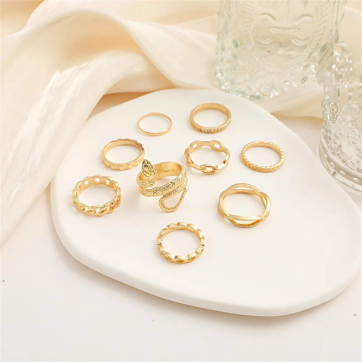 Cubic Zirconia & 18K Gold-Plated Snake Chain Ring Set