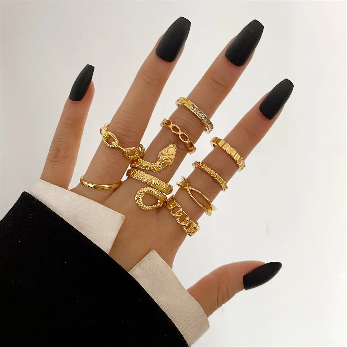 Cubic Zirconia & 18K Gold-Plated Snake Chain Ring Set
