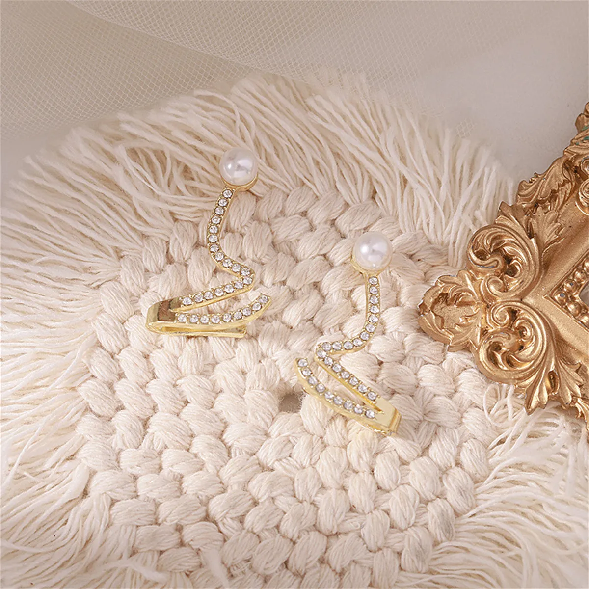 Cubic Zirconia & Pearl 18K Gold-Plated Wave Drop Earrings