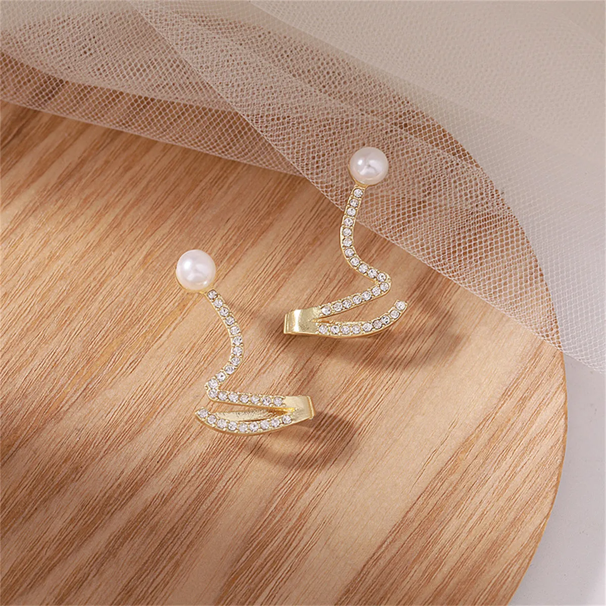 Cubic Zirconia & Pearl 18K Gold-Plated Wave Drop Earrings