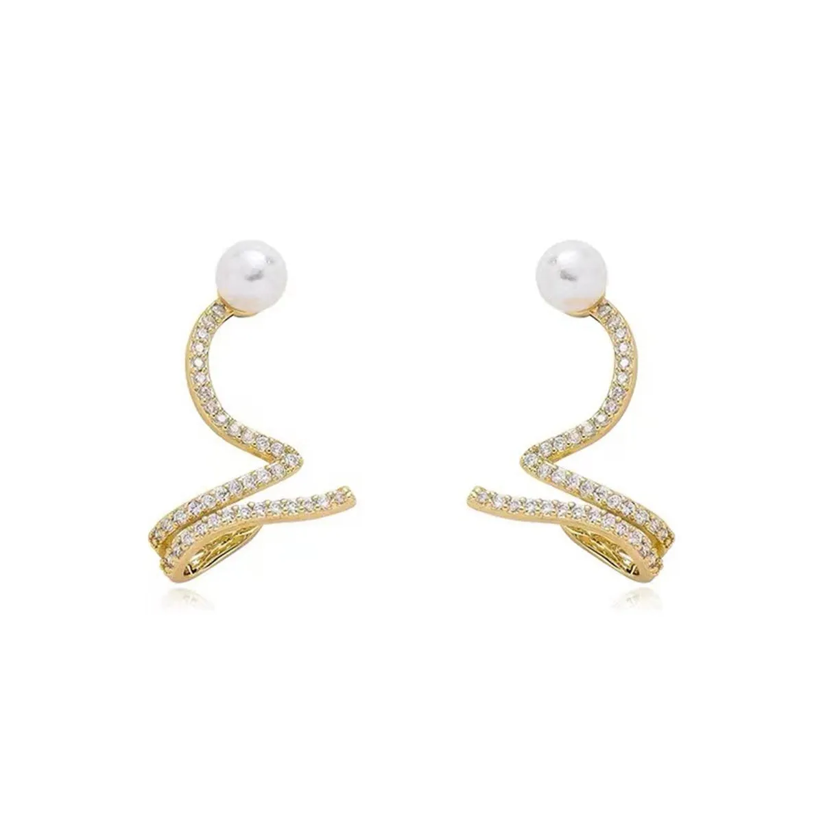 Cubic Zirconia & Pearl 18K Gold-Plated Wave Drop Earrings