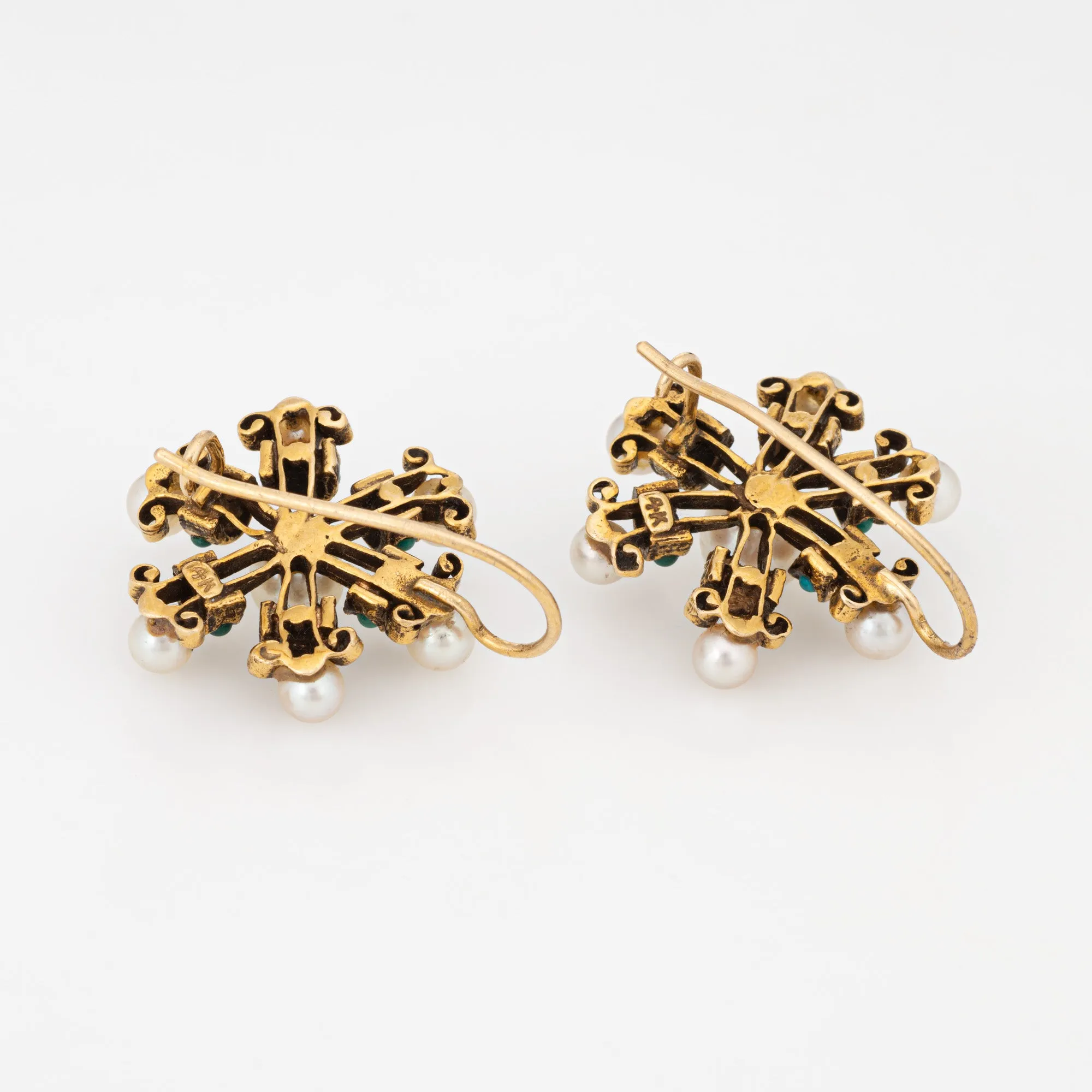Cultured Pearl Turquoise Snowflake Earrings Vintage 14k Yellow Gold Fine Jewelry