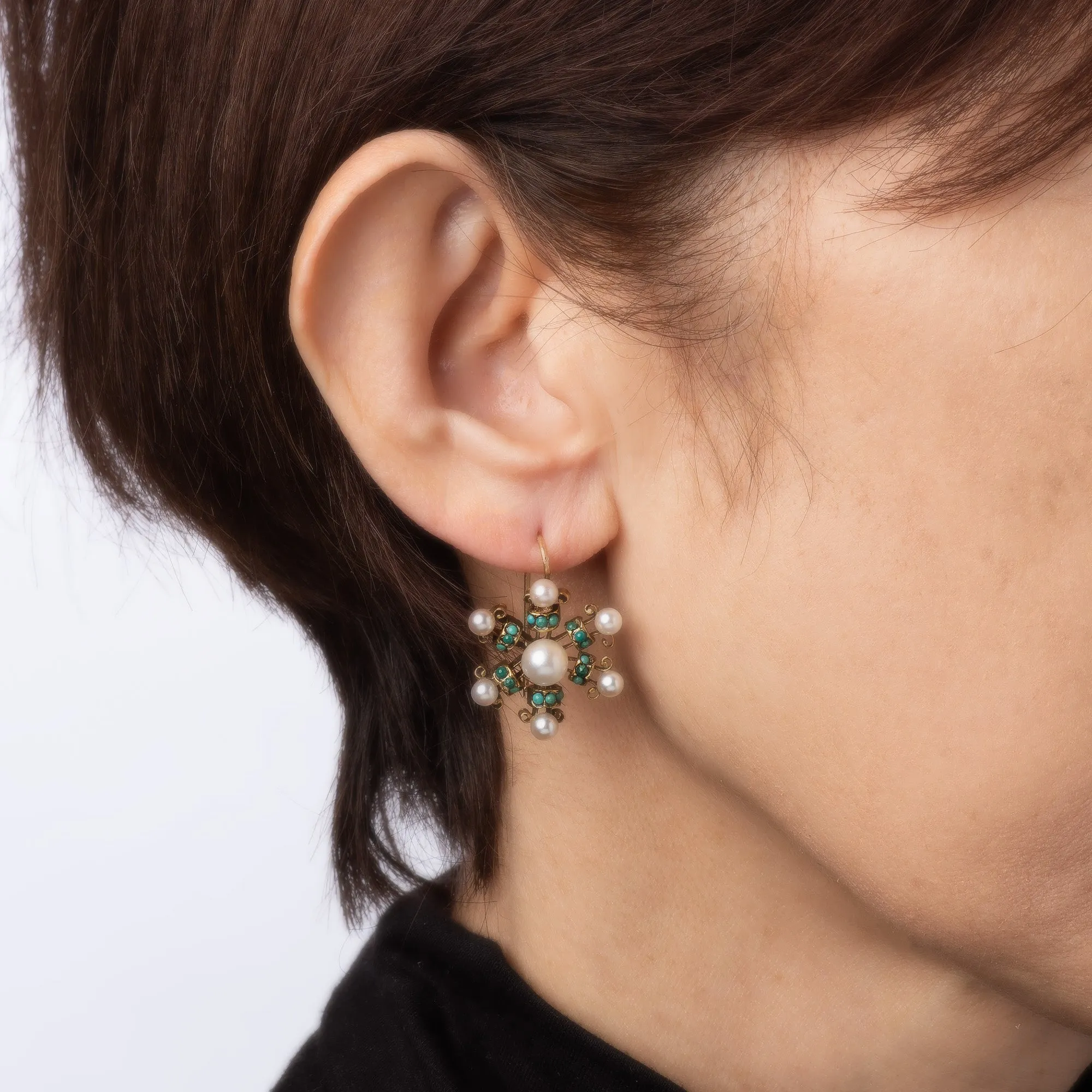 Cultured Pearl Turquoise Snowflake Earrings Vintage 14k Yellow Gold Fine Jewelry