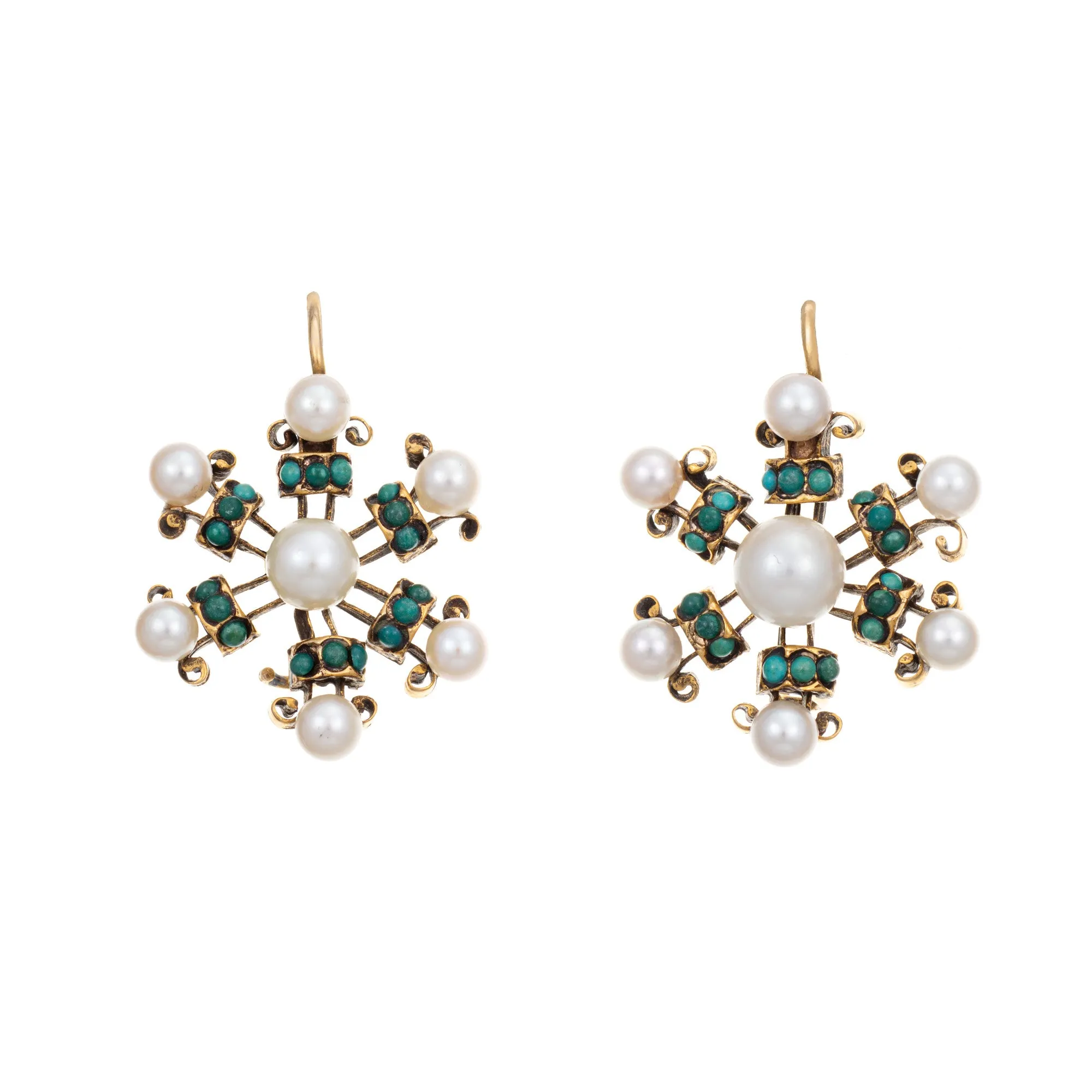 Cultured Pearl Turquoise Snowflake Earrings Vintage 14k Yellow Gold Fine Jewelry