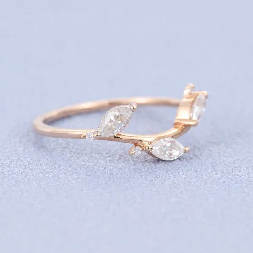 Curved wedding band rose gold vintage wedding band women Unique Marquise cut Moissanite Cluster ring stacking matching Bridal Promise gift