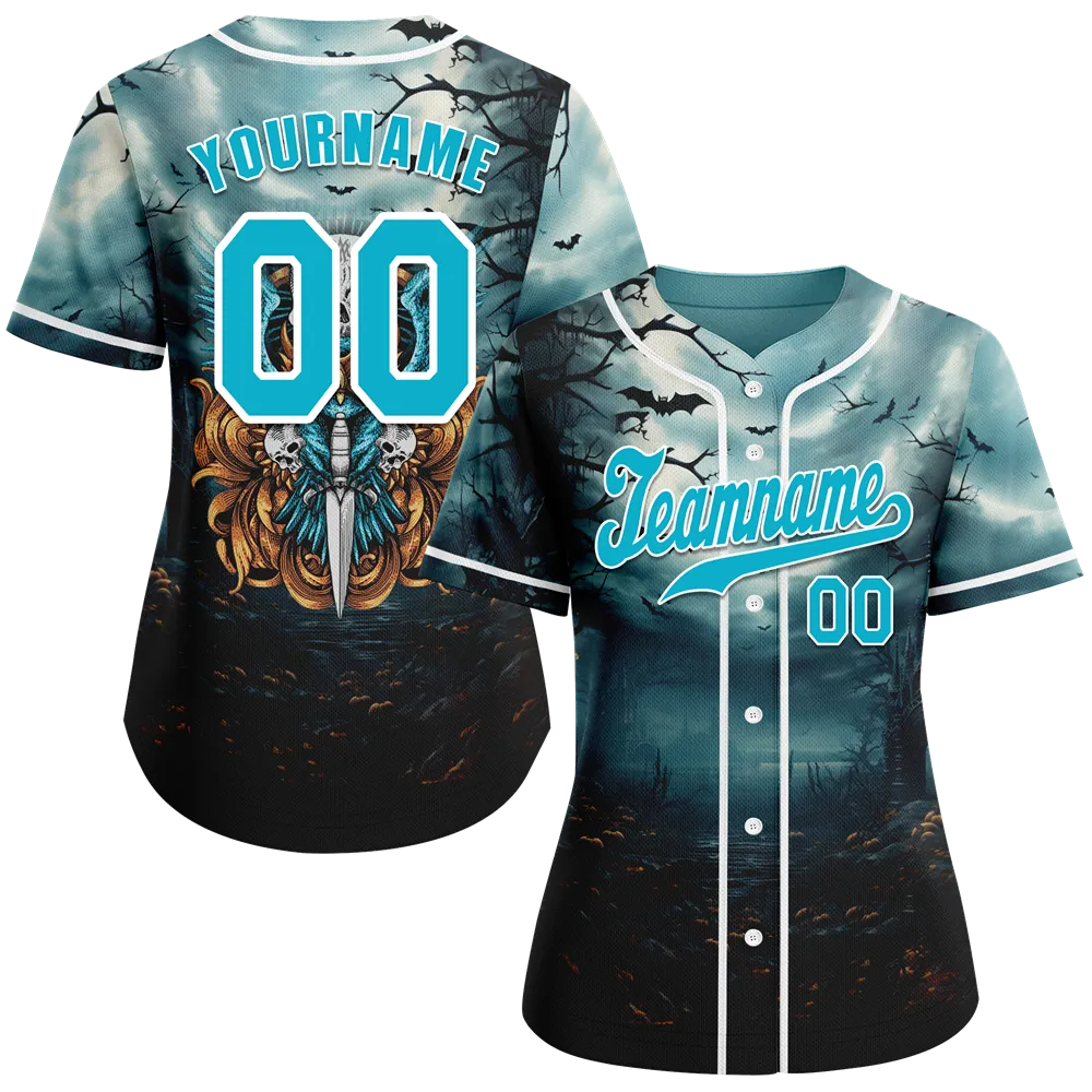 Custom Aqua Black Skull Fashion Aqua Authentic Baseball Jersey BSBJ0a-bc0fb99