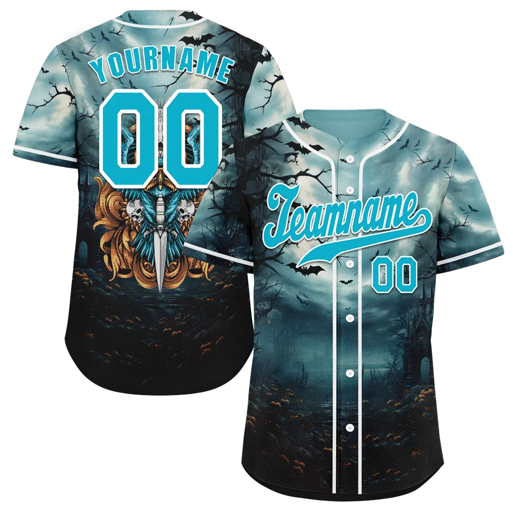 Custom Aqua Black Skull Fashion Aqua Authentic Baseball Jersey BSBJ0a-bc0fb99