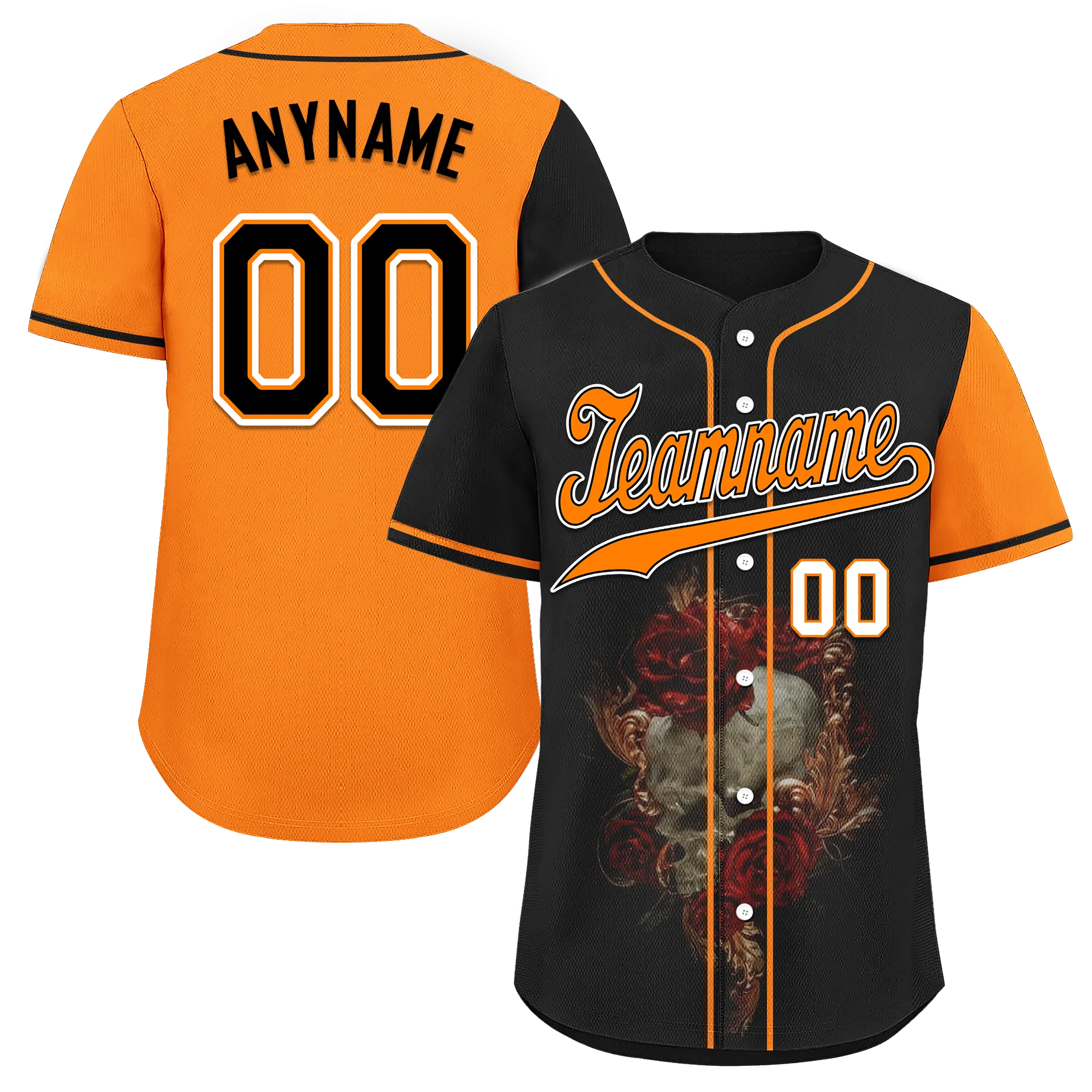 Custom Black Orange Skull Fashion Personalized Authentic Baseball Jersey BSBJ01-D017156