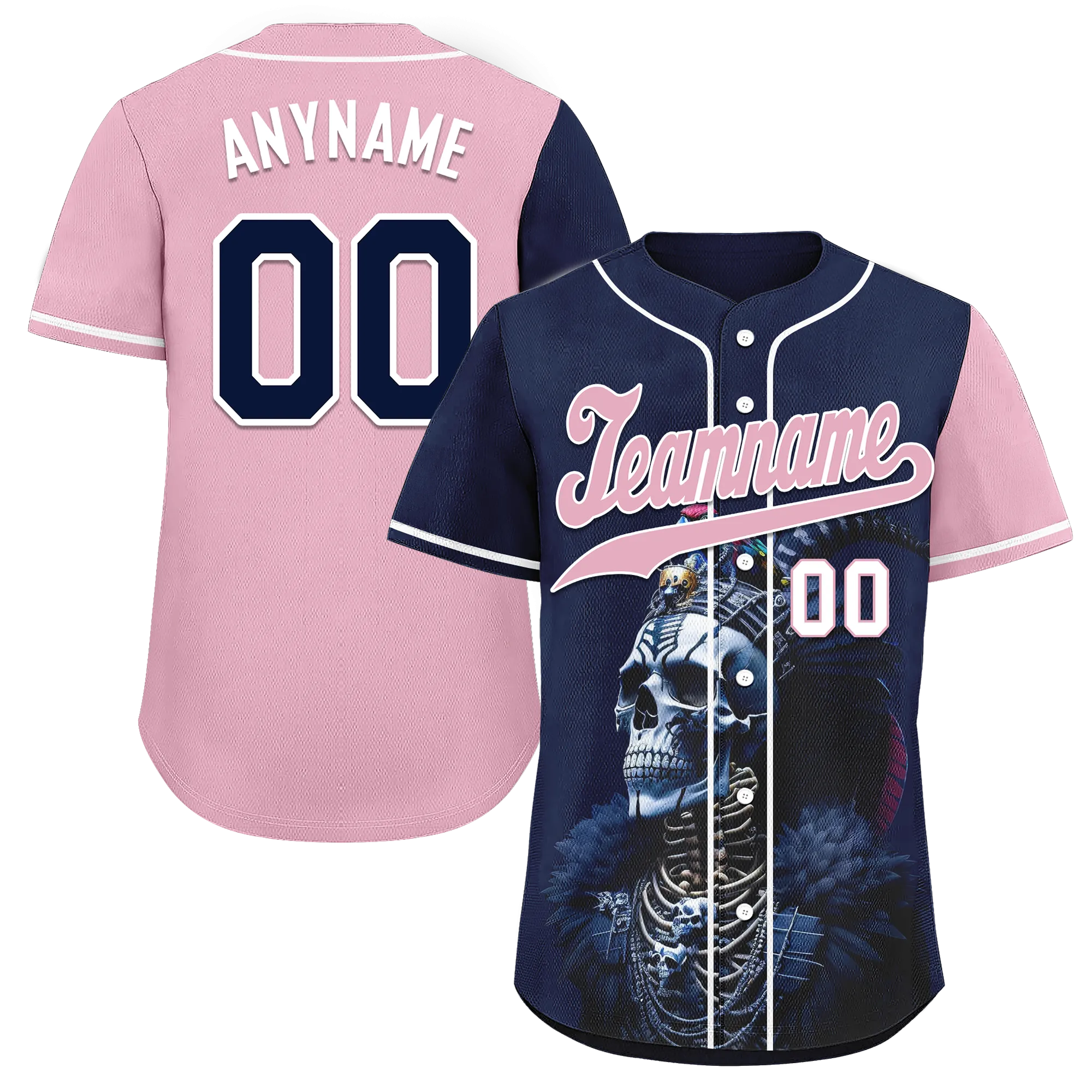 Custom Blue Pink Skull Fashion Personalized Authentic Baseball Jersey BSBJ01-D017145