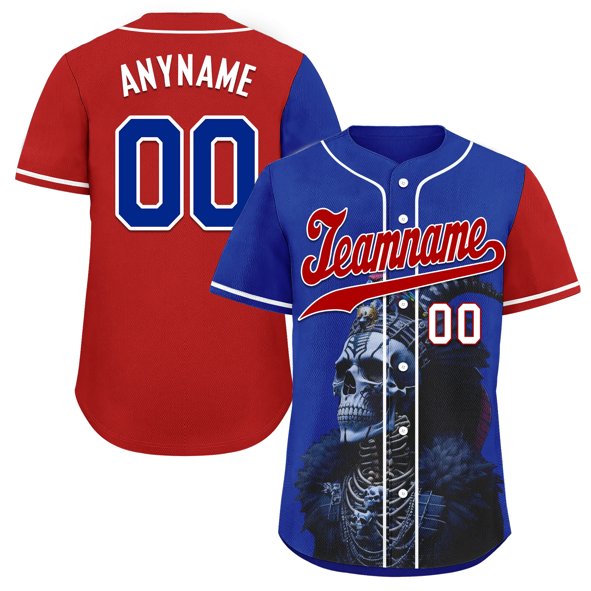 Custom Blue Red Skull Fashion Personalized Authentic Baseball Jersey BSBJ01-D017146
