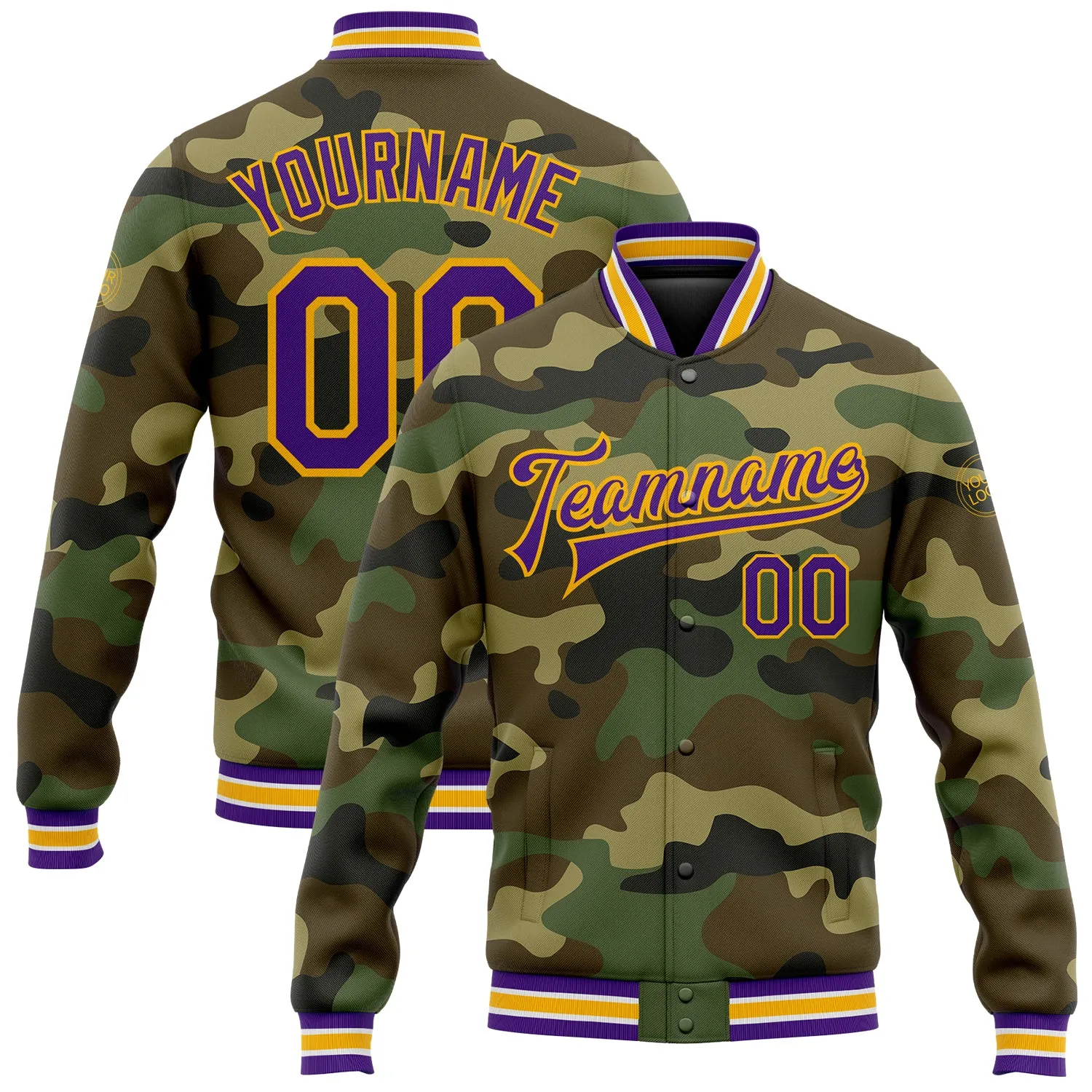 Custom Camo Purple-Gold Bomber Full-Snap Varsity Letterman Salute To Service Jacket